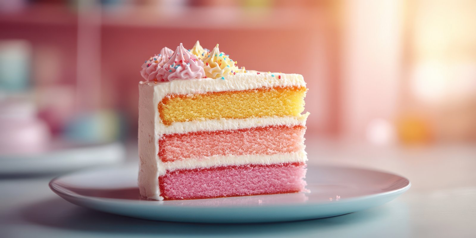 Deliciously layered cake with vibrant colors displayed on a plate in a warm and inviting kitchen setting